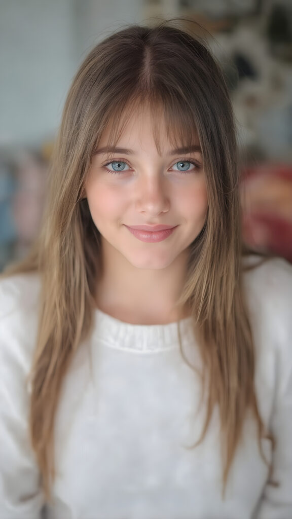 a (((professional photograph))) featuring a gorgeous, young, slim, petite, and curvaceous girl with long and perfectly straight brown hair, full lips, and (((smiling into the camera))) with a serene expression. Her attire is a ((white sweater)) and ((skin tight jeans)), emphasizing her perfectly straight and perfectly smooth brown hair, which is the subject of the picture. The photo captures her full face, with the focus on her eyes gives a 70mm wide shot, capturing a youthful and innocent look that complements the advanced lighting and ultra realistic skin textures that make this photo truly breathtaking