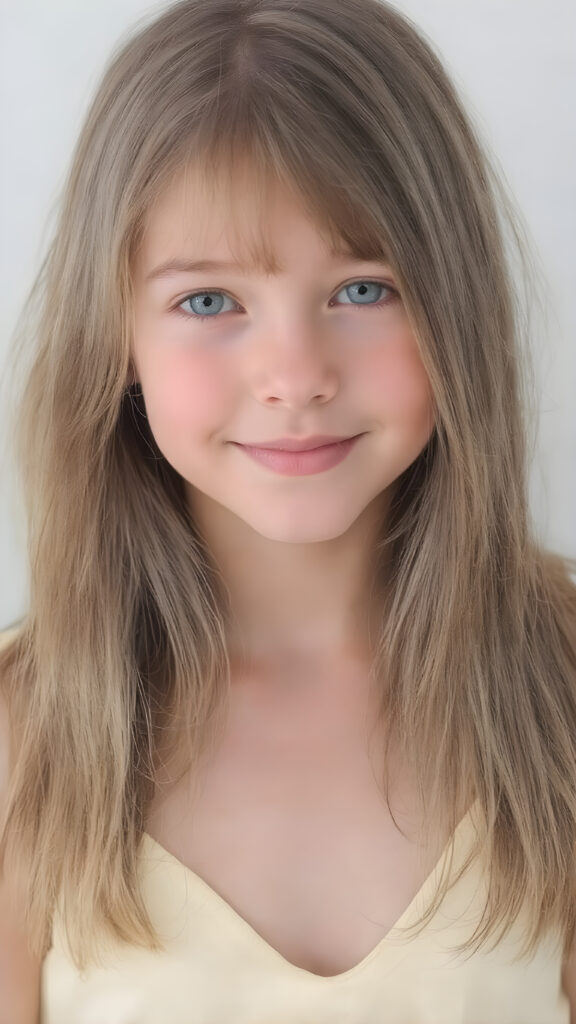 a (((professional photograph))) featuring a beautiful young girl with perfectly straight, smooth, and thick hair, which is cascading elegantly down to her shoulders. The hair is a rich, warm (((light brown))), with a subtle, natural glow. Her eyes are a clear (((green color))), and her pupils are perfectly round and matching. The girl is wearing a soft, ((low-cut)) pale yellow dress that complements her flawless features. The dress is gently cut out to reveal her perfect legs. She exudes an air of youthful confidence and beauty. The girl is looking into the camera with a warm smile, the photo is in focus and you can see every detail well