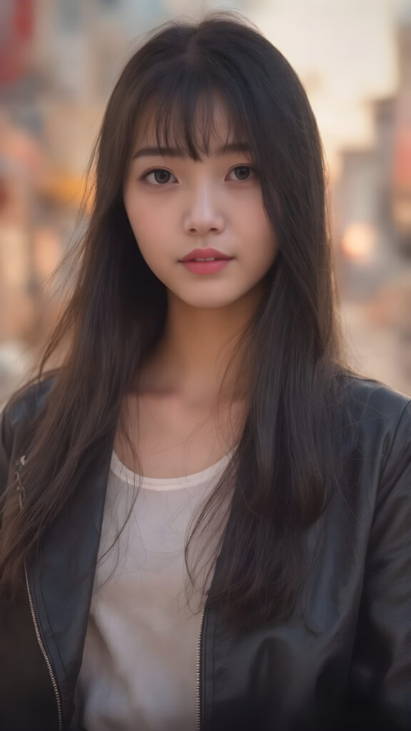 a (((professional photograph))) capturing a beautifully drawn (((young Korean girl))) with striking long, flowing black hair framing her delicate face, perfectly aligned eyes, full lips, and elegant white skin. She's dressed in a sleek, short, high-quality open leather jacket. Standing confidently on a street at a vibrant sunset, the scene is bathed in warm, soft lighting, highlighting her youthful beauty.