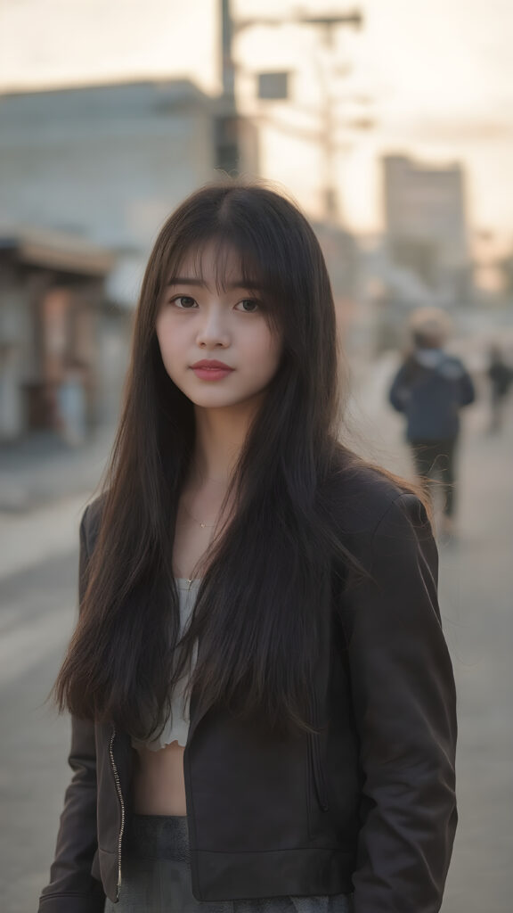 a (((professional photograph))) capturing a beautifully drawn (((young Korean girl))) with striking long, flowing black hair framing her delicate face, perfectly aligned eyes, full lips, and elegant white skin. She's dressed in a sleek, short, high-quality open leather jacket. Standing confidently on a street at a vibrant sunset, the scene is bathed in warm, soft lighting, highlighting her youthful beauty.