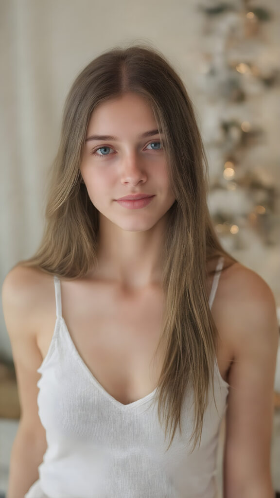 a (((professional photograph))) depicting a beautiful, cute, innocent and shy ((young teen girl))) with straight soft long brown hair, perfect realistic detailed angelic round face, upper-body, (((perfect curved and toned thighs))), white tank top, deep v-neck, ((highly detailed, high resolution, full quality image)), that exudes a sense of pure perfection. Her smile is bright and natural looking. The background is a cozy, warm and inviting living room. The soft light in the room highlights her perfect skin and the contrast between her delicate soft white tank top and match perfectly with her outfit.