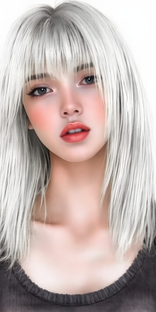 a (((professional ultra high resolution hand drawing))) capturing a (((vividly drawn natural teen girl))) with ((long, straight platinum white soft hair)) that gently frames her face, ((softly glowing skin)), ((full kissable red lips, open mouth, looks seductive)), accessorized with a sleek and minimalist ((cropped tank top made of fine fur)) that emphasizes her youthful energy, posed in a (((upper-body shot)))