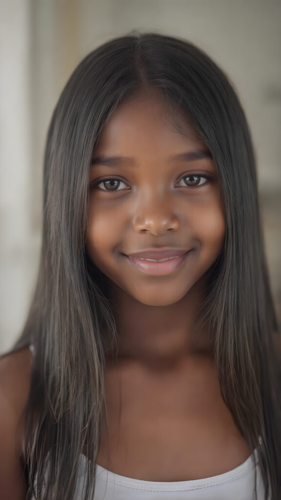 a (((professional photograph))) featuring a gorgeous, young brown skinned cute girl with long and perfectly straight black hair, full lips, and (((smiling into the camera))) with a serene expression. Her attire is a ((short cropped tank top)), the photo captures her full face, with the focus on her eyes gives a 70mm wide shot, capturing a youthful and innocent look that complements the advanced lighting and ultra realistic skin textures that make this photo truly breathtaking