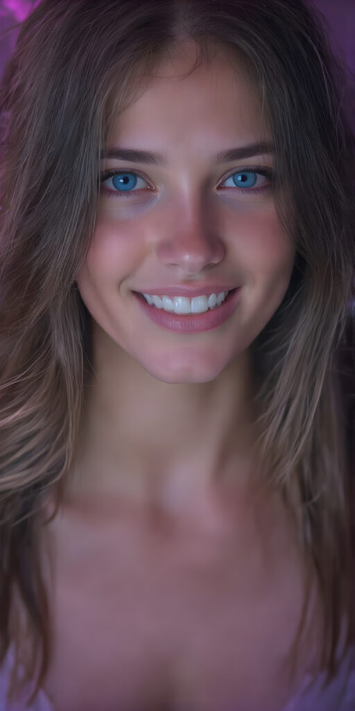 a (((professional full body shot))) showcasing a beautifully ((young woman)) with striking long brown jet hair, captivating bright ((blue eyes)), and a playful smile. Her skin tone is a (pale) yellow, with perfectly (straight) white teeth. She's dressed in a (white leotard), creating an illusion of movement. The scene is framed by a soft glow, highlighting her luminous skin and casting a shadow over her, emphasizing her full body and creating a sense of mystery and warmth. ((She exudes a youthful and vibrant demeanor through her playful smile and poise, embodying the essence of a (young teen)))