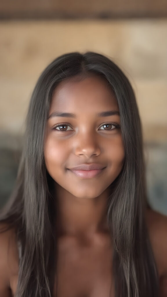 a (((professional photograph))) featuring a gorgeous, young, slim, petite, and curvaceous brown skinned Indigenous girl with long and perfectly straight black hair, full lips, and (((smiling into the camera))) with a serene expression. Her attire is a ((short cropped tank top)), the photo captures her full face, with the focus on her eyes gives a 70mm wide shot, capturing a youthful and innocent look that complements the advanced lighting and ultra realistic skin textures that make this photo truly breathtaking