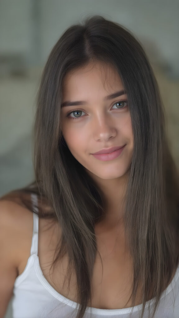 a (((professional photograph))) featuring a gorgeous, young, slim, petite, and curvaceous girl with long and perfectly straight black hair, full lips, and (((smiling into the camera))) with a serene expression. Her attire is a ((white short tank top)) and ((skin tight jeans)), emphasizing her perfectly straight and perfectly smooth brown hair, which is the subject of the picture. The photo captures her full face, with the focus on her eyes gives a 70mm wide shot, capturing a youthful and innocent look that complements the advanced lighting and ultra realistic skin textures that make this photo truly breathtaking