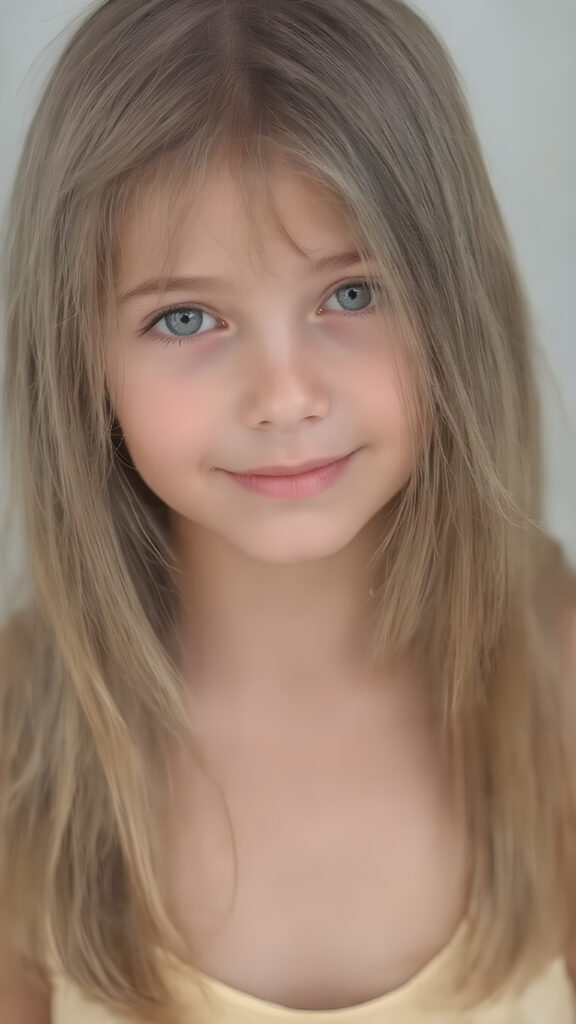 a (((professional photograph))) featuring a beautiful young girl with perfectly straight, smooth, and thick hair, which is cascading elegantly down to her shoulders. The hair is a rich, warm (((light brown))), with a subtle, natural glow. Her eyes are a clear (((green color))), and her pupils are perfectly round and matching. The girl is wearing a soft, ((low-cut)) pale yellow dress that complements her flawless features. The dress is gently cut out to reveal her perfect legs. She exudes an air of youthful confidence and beauty. The girl is looking into the camera with a warm smile, the photo is in focus and you can see every detail well