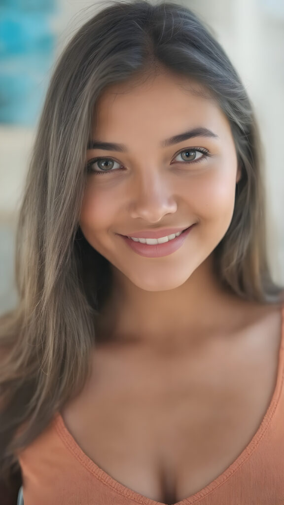 a (((professional photograph))) featuring a gorgeous, young, slim, petite, and curvaceous brown skinned busty Latina girl with long and perfectly straight brown hair, full lips, and (((smiling into the camera))) with a serene expression. Her attire is a ((short cropped amber tank top, deep v-neck)), the photo captures her full face, with the focus on her eyes gives a 70mm wide shot, capturing a youthful and innocent look that complements the advanced lighting and ultra realistic skin textures that make this photo truly breathtaking