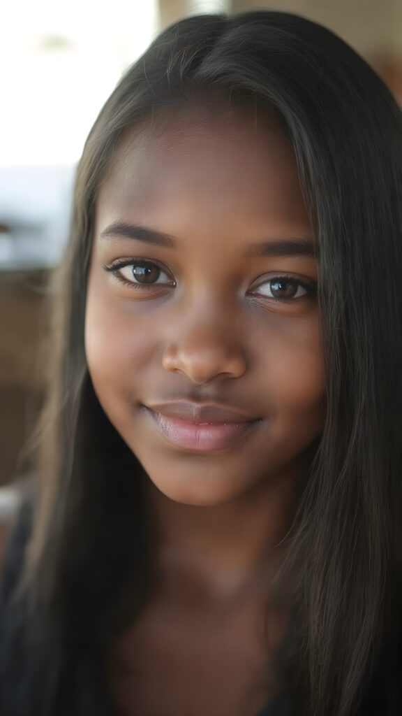 a (((professional photograph))) featuring a gorgeous, young, slim, petite, and curvaceous brown skinned Indigenous girl with long and perfectly straight black hair, full lips, and (((smiling into the camera))) with a serene expression. Her attire is a ((short cropped tank top)), the photo captures her full face, with the focus on her eyes gives a 70mm wide shot, capturing a youthful and innocent look that complements the advanced lighting and ultra realistic skin textures that make this photo truly breathtaking