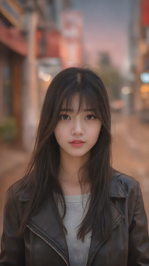 a (((professional photograph))) capturing a beautifully drawn (((young Korean girl))) with striking long, flowing black hair framing her delicate face, perfectly aligned eyes, full lips, and elegant white skin. She's dressed in a sleek, short, high-quality open leather jacket. Standing confidently on a street at a vibrant sunset, the scene is bathed in warm, soft lighting, highlighting her youthful beauty.