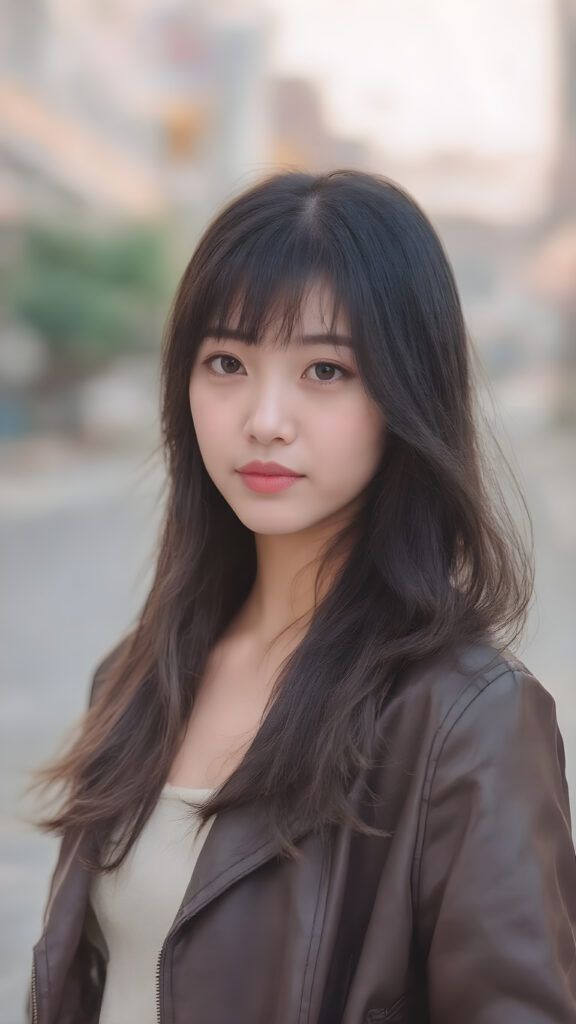 a (((professional photograph))) capturing a beautifully drawn (((young Korean girl))) with striking long, flowing black hair framing her delicate face, perfectly aligned eyes, full lips, and elegant white skin. She's dressed in a sleek, short, high-quality open leather jacket. Standing confidently on a street at a vibrant sunset, the scene is bathed in warm, soft lighting, highlighting her youthful beauty.