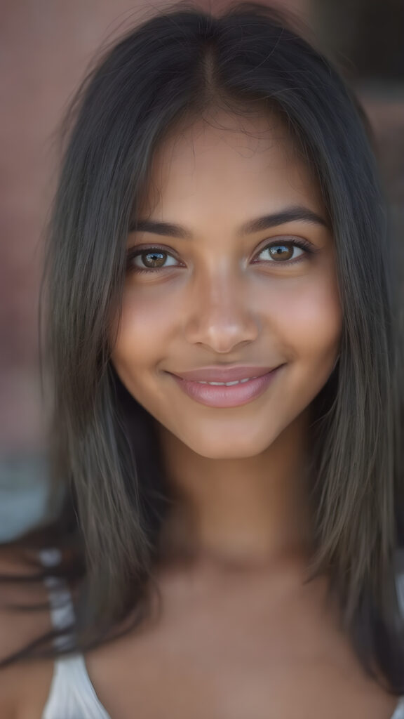 a (((professional photograph))) featuring a gorgeous, young, slim, petite, and curvaceous brown skinned busty Latina girl with long and perfectly straight brown hair, full lips, and (((smiling into the camera))) with a serene expression. Her attire is a ((short cropped amber tank top, deep v-neck)), the photo captures her full face, with the focus on her eyes gives a 70mm wide shot, capturing a youthful and innocent look that complements the advanced lighting and ultra realistic skin textures that make this photo truly breathtaking