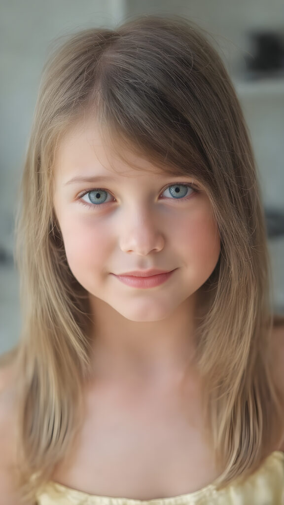a (((professional photograph))) featuring a beautiful young girl with perfectly straight, smooth, and thick hair, which is cascading elegantly down to her shoulders. The hair is a rich, warm (((light brown))), with a subtle, natural glow. Her eyes are a clear (((green color))), and her pupils are perfectly round and matching. The girl is wearing a soft, ((low-cut)) pale yellow dress that complements her flawless features. The dress is gently cut out to reveal her perfect legs. She exudes an air of youthful confidence and beauty. The girl is looking into the camera with a warm smile, the photo is in focus and you can see every detail well