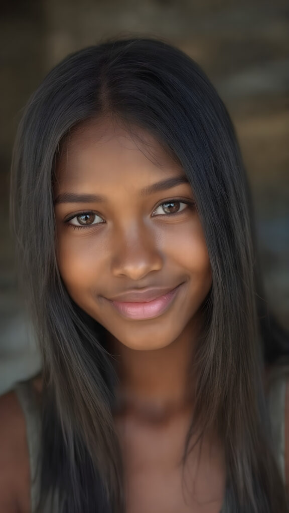 a (((professional photograph))) featuring a gorgeous, young, slim, petite, and curvaceous brown skinned Indigenous girl with long and perfectly straight black hair, full lips, and (((smiling into the camera))) with a serene expression. Her attire is a ((short cropped tank top)), the photo captures her full face, with the focus on her eyes gives a 70mm wide shot, capturing a youthful and innocent look that complements the advanced lighting and ultra realistic skin textures that make this photo truly breathtaking
