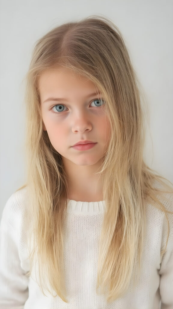 a (((professional photograph))) featuring a beautiful young girl with very long, straight, thick, untucked natural white golden blonde hair worn down, full body view, where her face exudes curiosity and inquisitiveness. She is wearing a white fine sweater that emphasizes her youthful beauty. Against a backdrop of a (simple, plain grey background) that complements the warm tones of the scene, the girl stands out in a striking pose, capturing attention to detail in every aspect of the image. Soft lighting, high resolution, full HD