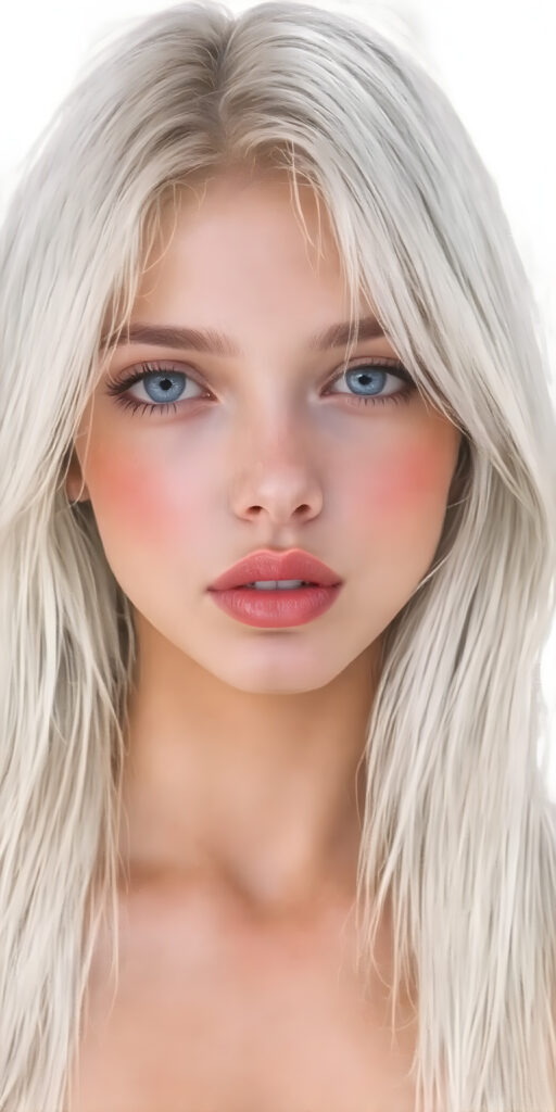 a (((professional ultra high resolution hand drawing))) capturing a (((vividly drawn natural teen girl))) with ((long, straight platinum white soft hair)) that gently frames her face, ((softly glowing skin)), ((full kissable red lips, open mouth, looks seductive)), accessorized with a sleek and minimalist ((cropped tank top made of fine fur)) that emphasizes her youthful energy, posed in a (((upper-body shot)))