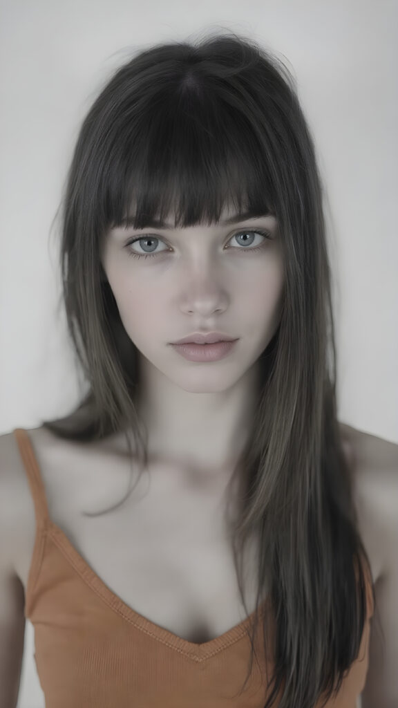 a (((professional black and white photograph))) featuring a gorgeous, young, slim, petite, and curvaceous silver skinned Emo girl with long and perfectly straight black hair and bangs, full lips, and with a serene expression. Her attire is a ((short cropped amber tank top, deep v-neck)), the photo captures her full face, with the focus on her eyes and innocent look that complements the advanced lighting and ultra realistic skin textures that make this photo truly breathtaking