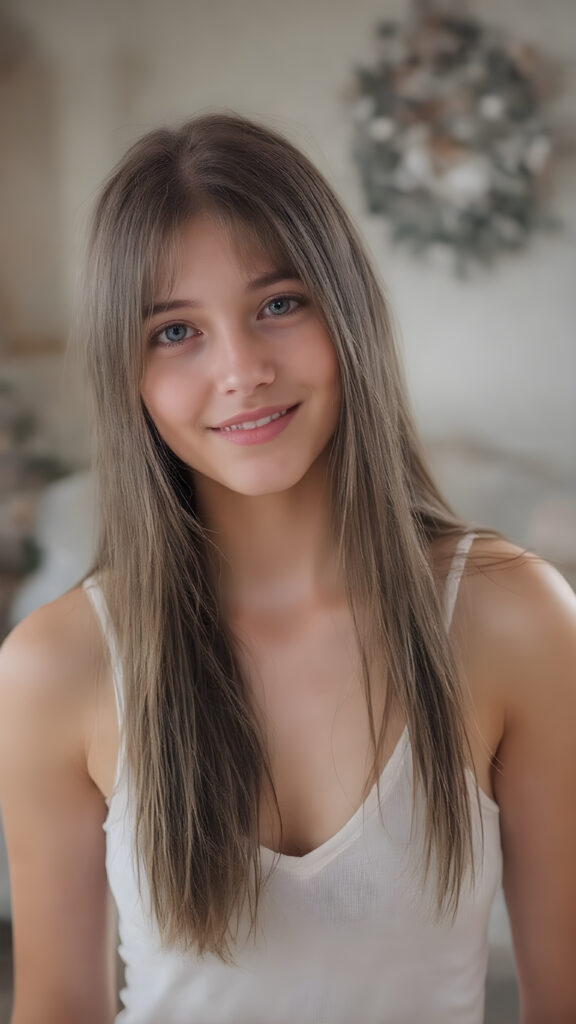a (((professional photograph))) depicting a beautiful, cute, innocent and shy ((young teen girl))) with straight soft long brown hair, perfect realistic detailed angelic round face, upper-body, (((perfect curved and toned thighs))), white tank top, deep v-neck, ((highly detailed, high resolution, full quality image)), that exudes a sense of pure perfection. Her smile is bright and natural looking. The background is a cozy, warm and inviting living room. The soft light in the room highlights her perfect skin and the contrast between her delicate soft white tank top and match perfectly with her outfit.