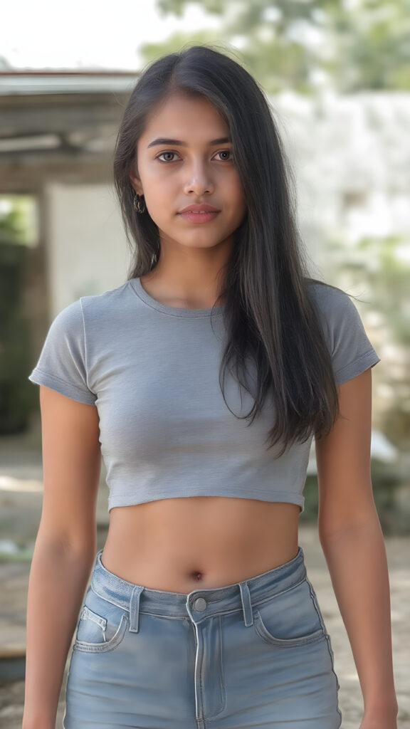 a realistic (((full body photo)) shows a (((beautiful young Javanese girl, photography, cinematic))), long black hair, (((extremely softly proportioned figure))), wearing a ((cropped grey t-shirt and short denim jeans pants)) that accentuates her toned physique against a backdrop of a sunny, outdoor setting