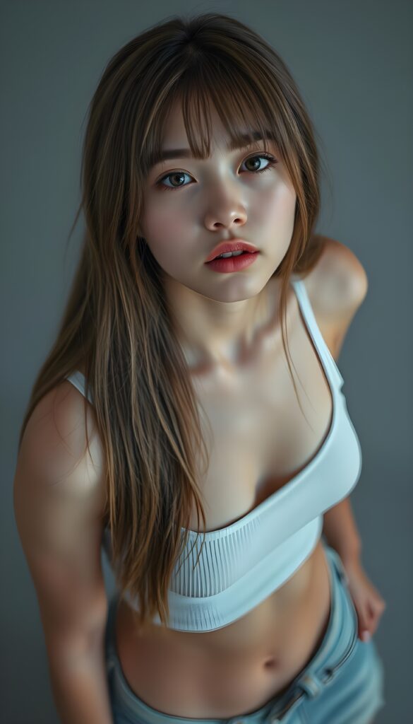 a (((realistic cute teen girl))), with straight soft long light brown hair, (full lips), that exude innocence, paired with a (short cropped tank top) that emphasizes her perfect body, (perfect skin), her figure is so perfectly proportioned that it defies reality, (((against a light grey backdrop))) ((upper body portrait)), view from above and she looks up to the viewer.