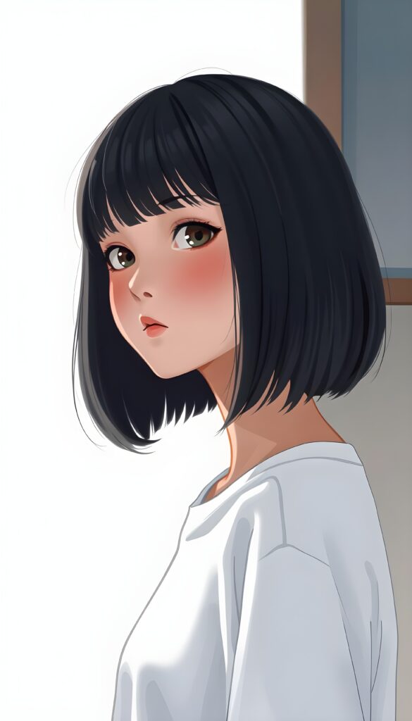 a (((realistic cute teen girl))) with a ((perfectly curved silhouette)) and illustrative details that convey youthful cuteness, bob cut, shoulder-length hair