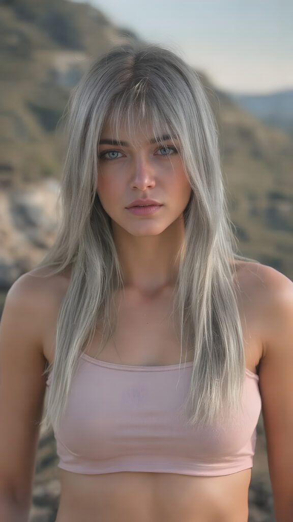a (((realistic and detailed portrait))) of a young silver-skinned teen girl, a perfect curves-fitting body, (((short pants))) and ((super short crop tank top)), an angelic (((round face))), (((soft long straight grey hair, her hair reaches down to her waist))), and an (((natural landscape))) as a (side view)