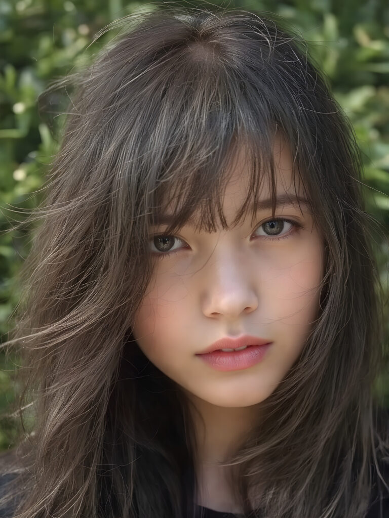 a (((realistic portrait))), representing a (((beautiful young girl, long soft obsidian black messy full hair, bangs cut))), round face, with an (((ultra realistic, intricate details))) that defy the laws of physics, with a (((dynamic advanced lighting system))) that brings out the extreme details, composited against a (((natural, sunny green backdrop))), emulating a hyper-realistic, advanced photography