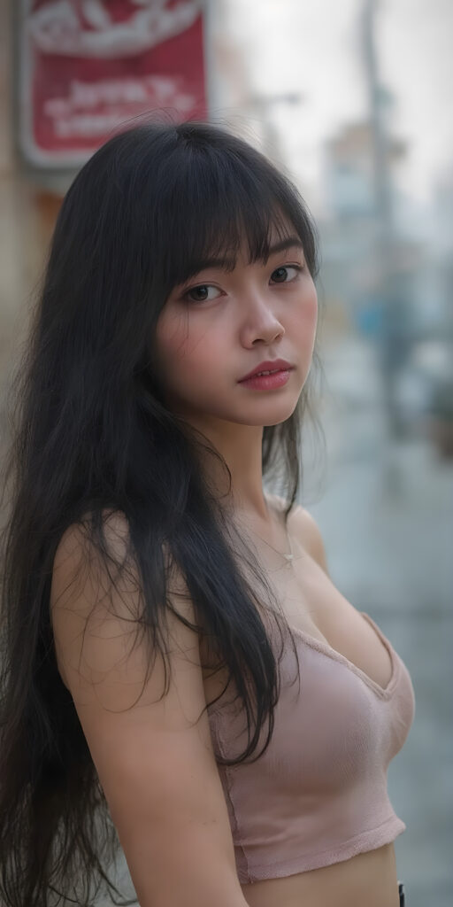 a realistic (((beautiful young well busty Korean teenage dream girl, perfect curved body))), with flowing, (((soft long straight black soft hair, bangs))). She is dressed in a sleek, (cropped tank top, deep v-neck), photograph, stands in the street