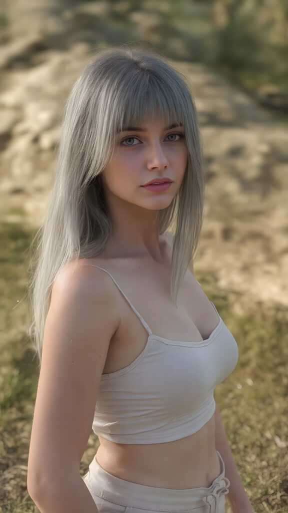 a (((realistic and detailed portrait))) of a silver-skinned girl, a perfect curves-fitting body, (((short pants))) and ((super short crop tank top)), an angelic (((round face))), (((soft long straight grey hair, her hair reaches down to her waist))), and an (((natural landscape))) as a (side view)