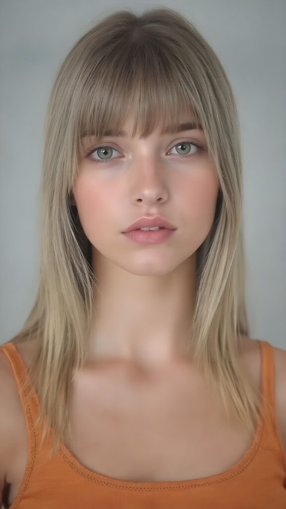 a (((realistic cute teen girl))), with straight soft long light brown hair, (full lips), and ((big amber eyes, round face)) that exude innocence, paired with a (short cropped tank top) that emphasizes her perfect body, (perfect skin), her figure is so perfectly proportioned that it defies reality, (((against a light grey backdrop))) ((upper body portrait))