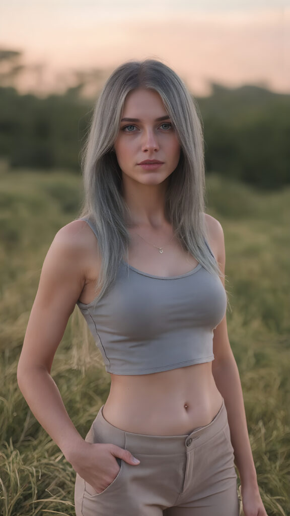 a (((realistic and detailed portrait))) of a young silver-skinned teen girl, a perfect curves-fitting body, (((short pants))) and ((super short crop tank top)), an angelic (((round face))), (((soft long straight grey hair, her hair reaches down to her waist))), and an (((natural landscape))) as a (side view)