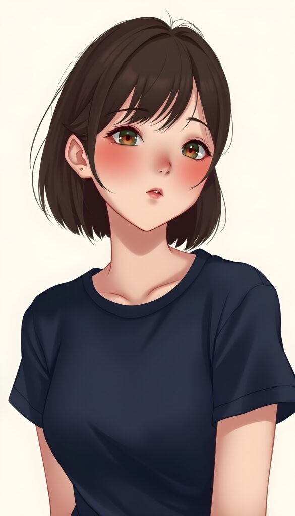a (((realistic cute teen girl))) with a ((perfectly curved silhouette)) and illustrative details that convey youthful cuteness, bob cut, shoulder-length hair