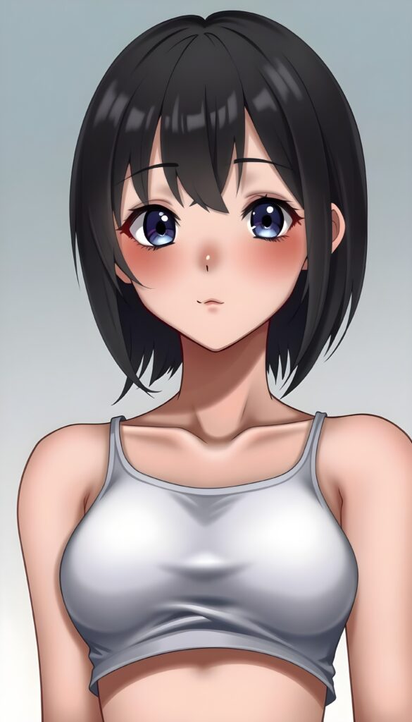 a (((realistic cute teen girl))) with a ((perfectly curved silhouette)) and illustrative details that convey youthful cuteness, bob cut, shoulder-length hair. She is wearing a white cropped tank top with a low neckline. You can see her belly button