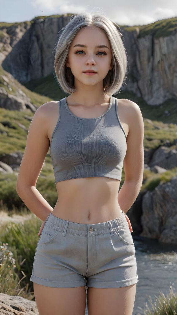 a (((realistic and detailed portrait))) of a young silver-skinned teen girl, a perfect curves-fitting body, (((short pants))) and ((super short crop tank top)), an angelic (((round face))), (((soft long straight grey hair, her hair reaches down to her waist))), and an (((natural landscape))) as a (side view)