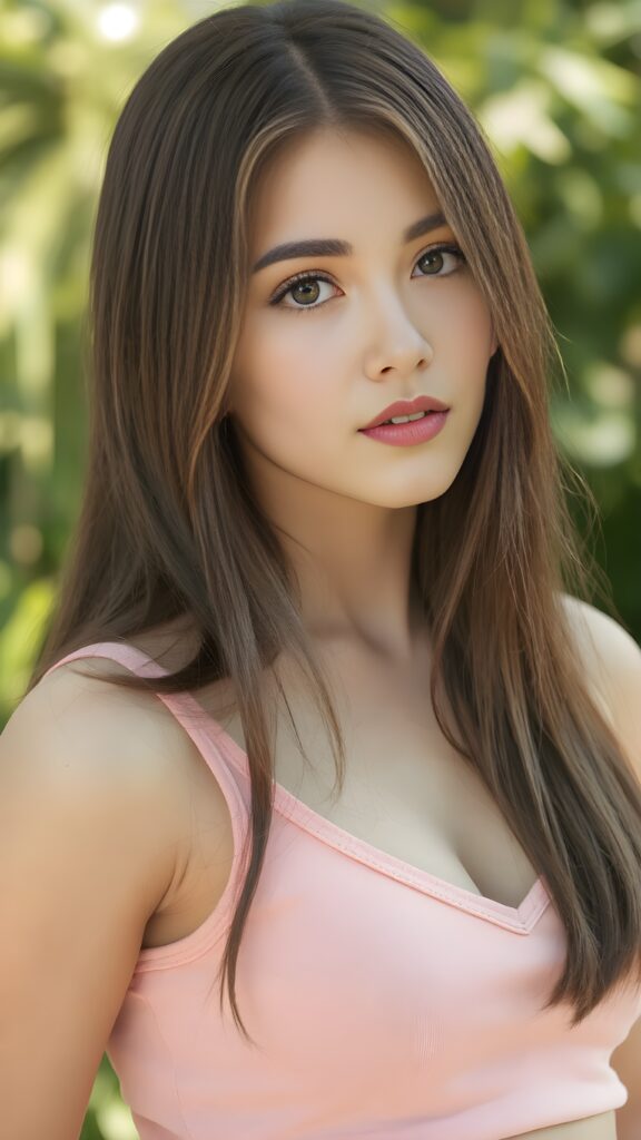 a (((young well busty teen girl))), wears a short cropped tank top, straight soft long brown hair, ((round face)), full kissable lips, round eyes, perfect skin, perfect curved body, side view, sunny green backdrop