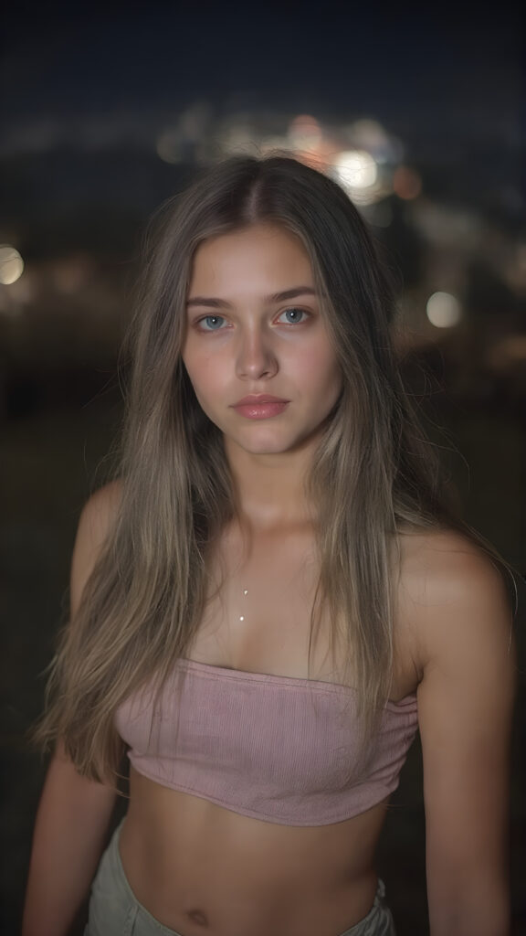 a (((realistic and detailed portrait))) of a 14-year-old silver-skinned teen girl, a perfect curves-fitting body, (((short pants))) and ((super short crop tank top)), an angelic (((round face))), (((soft long straight hair, her hair reaches down to her waist))), and an (((nightly landscape))) as a (side view)
