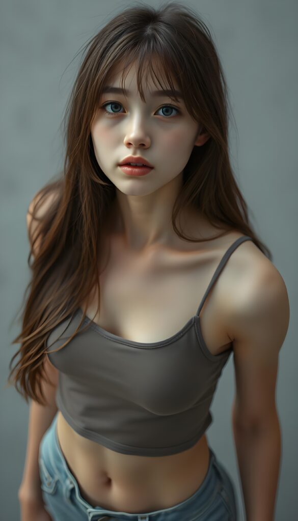 a (((realistic cute teen girl))), with straight soft long light brown hair, (full lips), that exude innocence, paired with a (short cropped tank top) that emphasizes her perfect body, (perfect skin), her figure is so perfectly proportioned that it defies reality, (((against a light grey backdrop))) ((upper body portrait)), view from above and she looks up to the viewer.