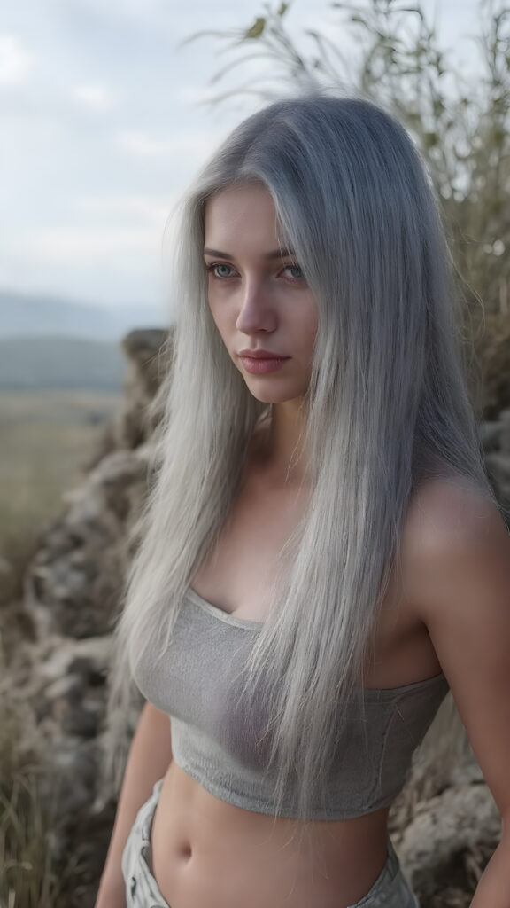 a (((realistic and detailed portrait))) of a silver-skinned girl, a perfect curves-fitting body, (((short pants))) and ((super short crop tank top)), an angelic (((round face))), (((soft long straight grey hair, her hair reaches down to her waist))), and an (((natural landscape))) as a (side view)