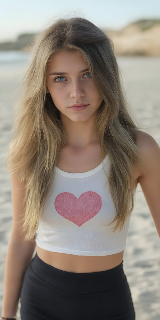 a (((realistic and detailed photo))) of a (((beautiful teen girl))) with long, flowing (((sandy soft brown straight hair))), green eyes, and a sleekly defined figure, dressed in a tight (((white graphic short tank top, perfect curved body))) featuring a (((heart))), paired with a (((black round mini skirt))). She poses confidently on a sunny sandy beach.