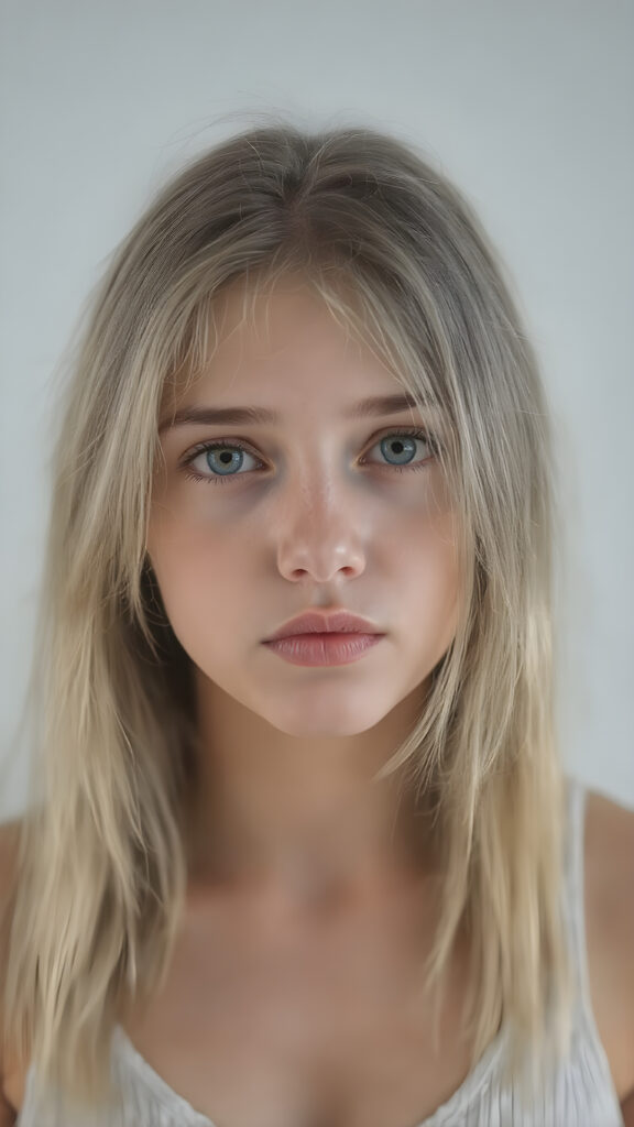 a (((realistic cute young teen girl))), with straight soft long light blond hair, (full lips), and ((big amber eyes, round face)) that exude innocence, paired with a (short cropped tank top, deep v-neck) that emphasizes her perfect body, (perfect skin), her figure is so perfectly proportioned that it defies reality, (((against a light grey backdrop))) ((upper body portrait))