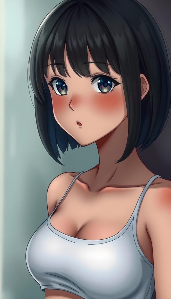 a (((realistic cute teen girl))) with a ((perfectly curved silhouette)) and illustrative details that convey youthful cuteness, bob cut, shoulder-length hair. She is wearing a white cropped tank top with a low neckline. You can see her belly button