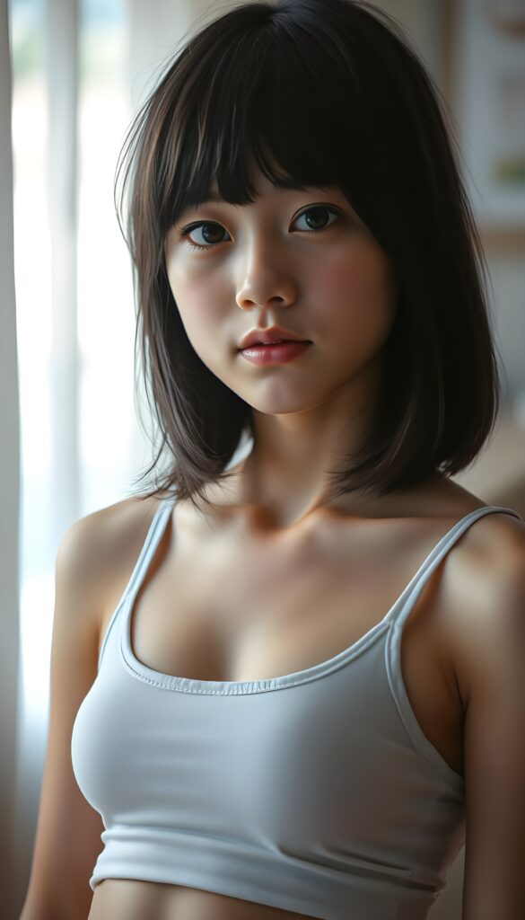 a (((realistic cute teen girl))) with a ((perfectly curved silhouette)) and illustrative details that convey youthful cuteness, bob cut, shoulder-length hair. She is wearing a white cropped tank top with a low neckline. You can see her belly button