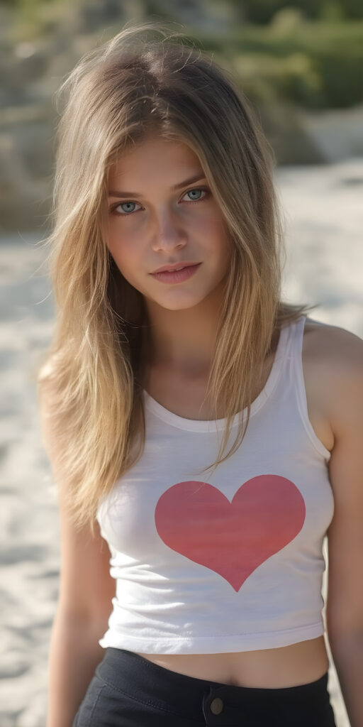 a (((realistic and detailed photo))) of a (((beautiful teen girl))) with long, flowing (((sandy soft brown straight hair))), green eyes, and a sleekly defined figure, dressed in a tight (((white graphic short tank top, perfect curved body))) featuring a (((heart))), paired with a (((black round mini skirt))). She poses confidently on a sunny sandy beach.