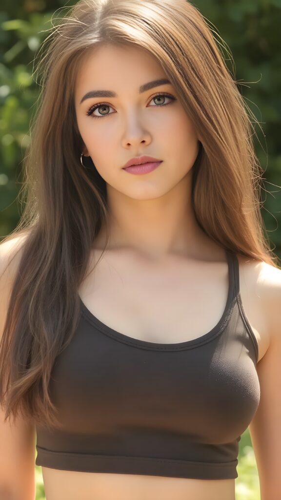 a (((young well busty teen girl))), wears a short cropped tank top, straight soft long brown hair, ((round face)), full kissable lips, round eyes, perfect skin, perfect curved body, side view, sunny green backdrop