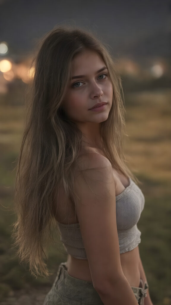 a (((realistic and detailed portrait))) of a 14-year-old silver-skinned teen girl, a perfect curves-fitting body, (((short pants))) and ((super short crop tank top)), an angelic (((round face))), (((soft long straight hair, her hair reaches down to her waist))), and an (((nightly landscape))) as a (side view)