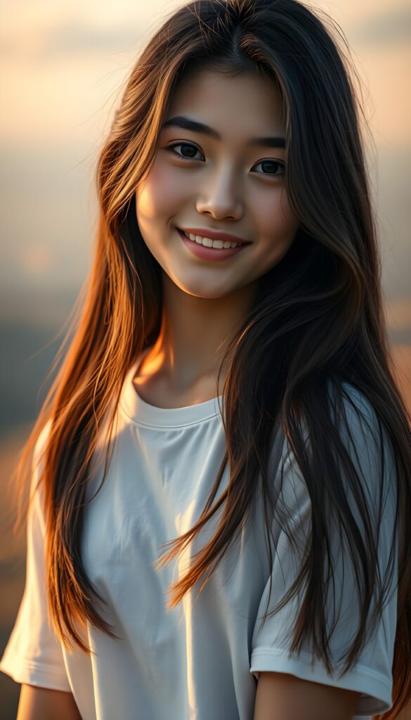 a realistic 4k HDR photo from a stunning young girl with soft, long straight jet shoulder long slightly wavy black hair and brown highlights, captured in a perfect portrait style. She has beautiful amber eyes, full lips and a round face. She wears a simple white t-shirt that contrasts beautifully with her radiant features. The background is a dreamy, blurred landscape bathed in soft pastel colors, reminiscent of an impressionist painting. The lighting is warm and ethereal, highlighting her expressive eyes and gentle smile, evoking a sense of serenity and grace. She smile, white teeth.