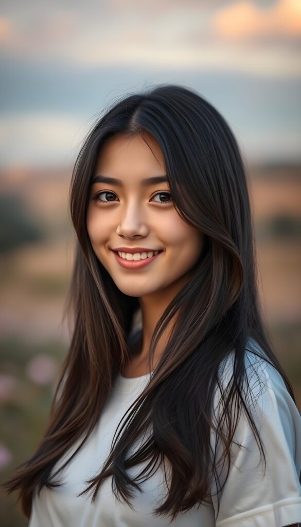 a realistic 4k HDR photo from a stunning young girl with soft, long straight jet shoulder long slightly wavy black hair and brown highlights, captured in a perfect portrait style. She has beautiful amber eyes, full lips and a round face. She wears a simple white t-shirt that contrasts beautifully with her radiant features. The background is a dreamy, blurred landscape bathed in soft pastel colors, reminiscent of an impressionist painting. The lighting is warm and ethereal, highlighting her expressive eyes and gentle smile, evoking a sense of serenity and grace. She smile, white teeth.