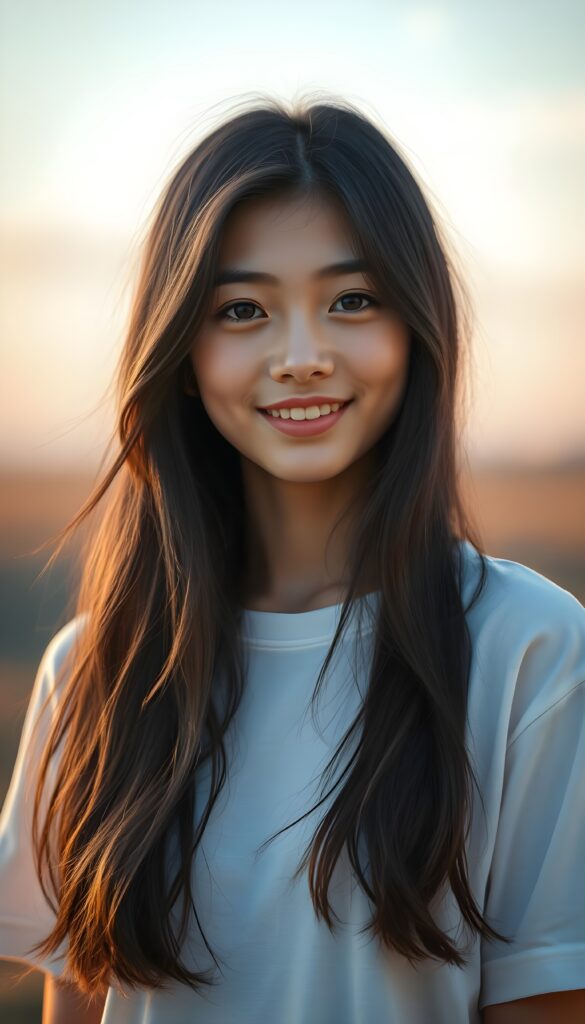 a realistic 4k HDR photo from a stunning young girl with soft, long straight jet shoulder long slightly wavy black hair and brown highlights, captured in a perfect portrait style. She has beautiful amber eyes, full lips and a round face. She wears a simple white t-shirt that contrasts beautifully with her radiant features. The background is a dreamy, blurred landscape bathed in soft pastel colors, reminiscent of an impressionist painting. The lighting is warm and ethereal, highlighting her expressive eyes and gentle smile, evoking a sense of serenity and grace. She smile, white teeth.