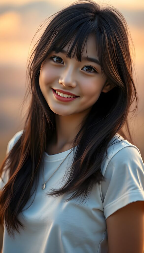 a realistic 4k HDR photo from a stunning young girl with soft, long straight jet shoulder long slightly wavy black hair and brown highlights, captured in a perfect portrait style. She has beautiful amber eyes, full lips and a round face. She wears a simple white t-shirt that contrasts beautifully with her radiant features. The background is a dreamy, blurred landscape bathed in soft pastel colors, reminiscent of an impressionist painting. The lighting is warm and ethereal, highlighting her expressive eyes and gentle smile, evoking a sense of serenity and grace. She smile, white teeth.