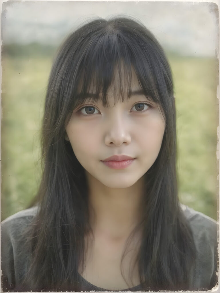 a (((realistic old close up Polaroid photo))), representing a (((beautiful young Asian girl, long soft obsidian black hair, bangs cut))), round face, with an (((ultra realistic, intricate details))) that defy the laws of physics, with a (((dynamic advanced lighting system))) that brings out the extreme details, composited against a (((natural, sunny green backdrop))), emulating a hyper-realistic, advanced photography, exotic style